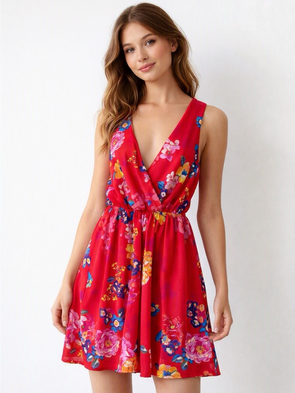 Everly Red Floral V-Neck Sleeveless Mini Dress Size Small